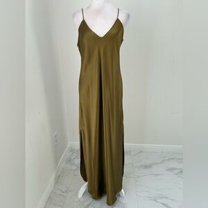Banana Republic Olive Slip Maxi Dress, 100% Silk with Side Slits, Size M